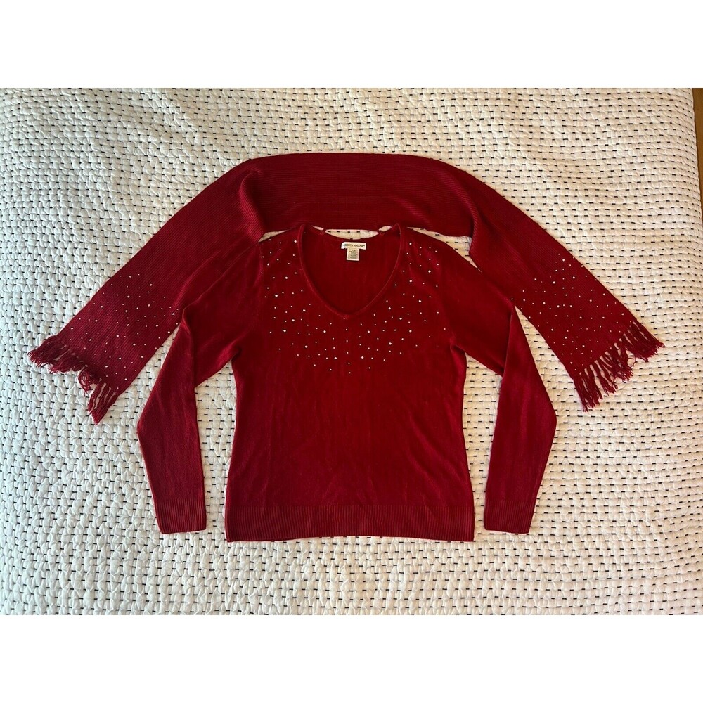 Rebecca Malone LARGE Sweater Knit Set Long Sleeve w Detachable Scarf Rhinestone